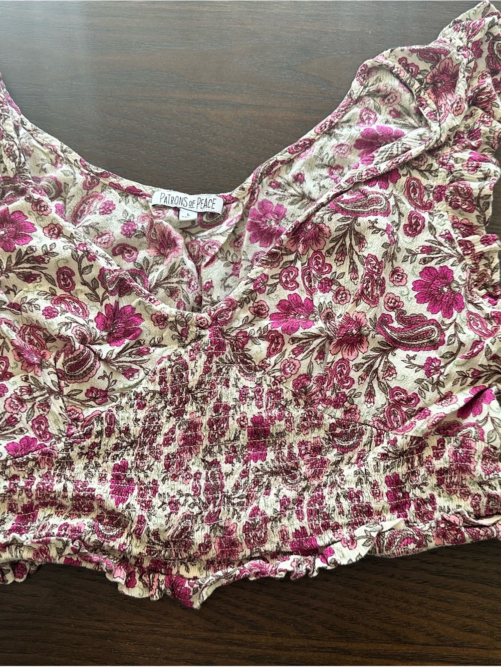 Patrons of Peace Cream Crop Top with Pink Floral Print